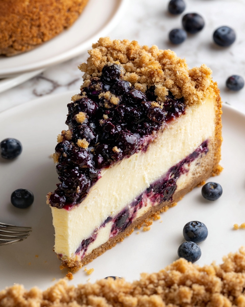 A slice of cheesecake with three visible layers sits on a white plate on a white marbled surface. The bottom layer is a thick, light brown crumbly crust. Above it is a thick, creamy white cheesecake layer that looks smooth and dense. The top layer is a crumbly, golden-brown streusel embedded with dark purple blueberries that spread some juice lightly into the cream layer. Whole blueberries are scattered around on the marbled surface near the plate. Part of the whole cheesecake with the same three layers is next to the slice. Photo taken with an iphone --ar 4:5 --v 7