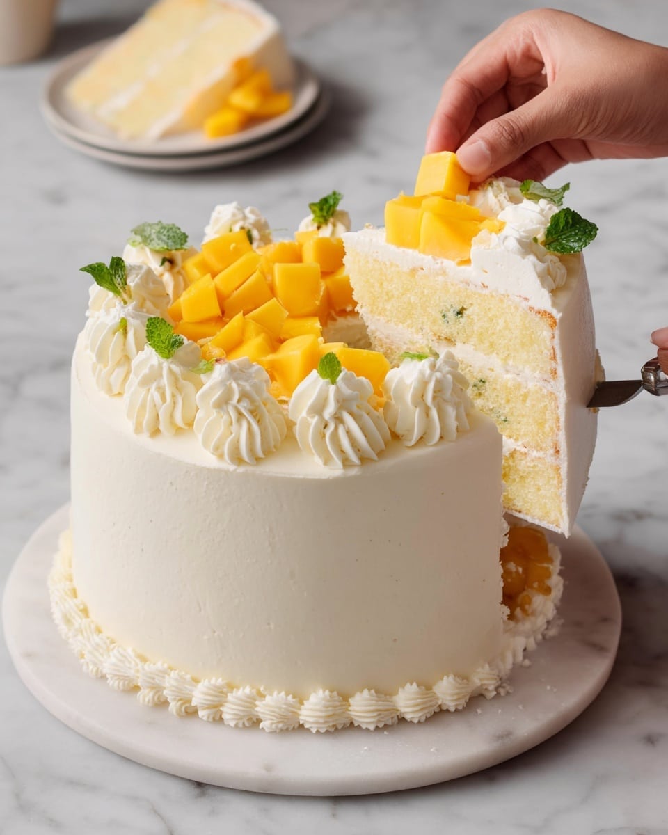 A tall round cake with smooth white frosting covers the outside and a piped cream border at the base. The top of the cake has eight swirls of white cream, each holding a bright yellow mango cube and a small green mint leaf. A slice is being lifted by a metal cake server, showing three layers inside: a pale yellow sponge cake with white cream in between, and small pieces of mango embedded in the middle cream layer. A woman's hand is placing a mango cube on top of the lifted slice. The cake sits on a white marble plate on a white marbled surface. Photo taken with an iphone --ar 4:5 --v 7