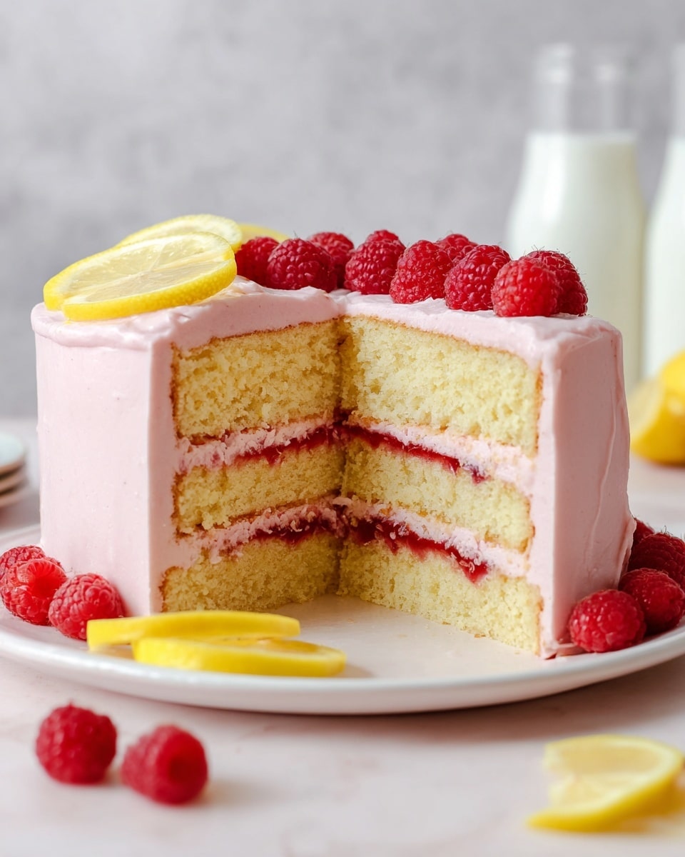 A three-layered yellow cake with light pink frosting covers the outside and tops it. Between the layers, there are two thin spreads of bright red raspberry jam. On top, fresh red raspberries and small lemon slices are arranged around the edge. The cake sits on a white plate with a white marbled surface underneath. A few raspberries and a lemon slice are scattered around the plate. Photo taken with an iphone --ar 4:5 --v 7