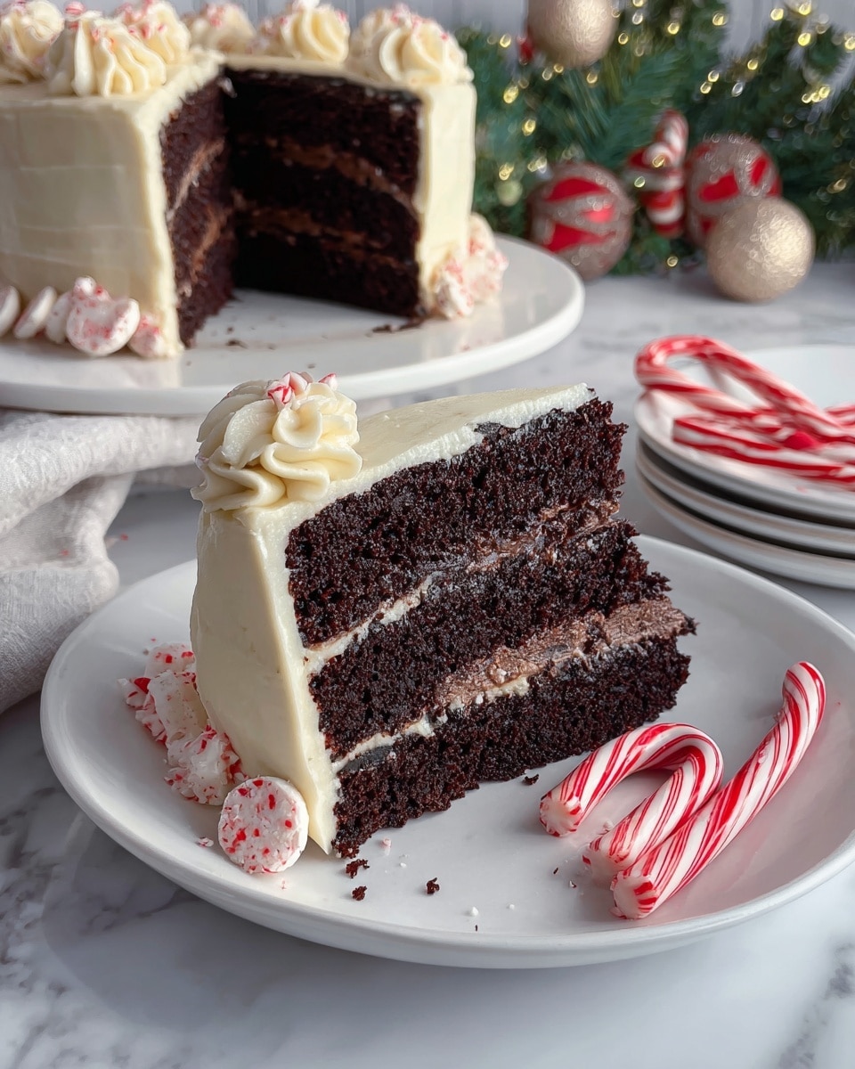 A slice of three-layer dark chocolate cake sits on a white plate, each layer separated by smooth, thick chocolate filling with a rich, moist texture. The cake is topped with thick white frosting that has smooth and creamy texture, with drips of dark chocolate ganache running down the sides. Around the cake slice on the plate are several round peppermint candies with red and white swirls and two small red and white candy canes. In the background, the larger cake, matching the slice, has frosted white icing on the top decorated with small peppermint candies and candy canes. The setting has a white marbled texture surface and festive decorations with red berries and a translucent ornament nearby. Photo taken with an iphone --ar 4:5 --v 7