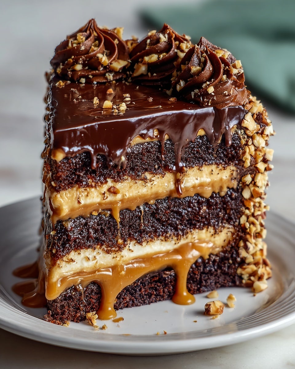 A tall slice of layered cake sits on a white plate with a white marbled texture background behind it. The cake has four thick layers of dark chocolate sponge, separated by three layers of light beige creamy filling with caramel dripping down the sides. The top of the cake is covered in smooth, glossy chocolate ganache that slightly drips down the edges, topped with four swirls of rich, dark chocolate frosting sprinkled with chopped nuts. Crushed nuts also cover the cake's left side, and small clusters of nuts are scattered on the plate. Photo taken with an iphone --ar 4:5 --v 7