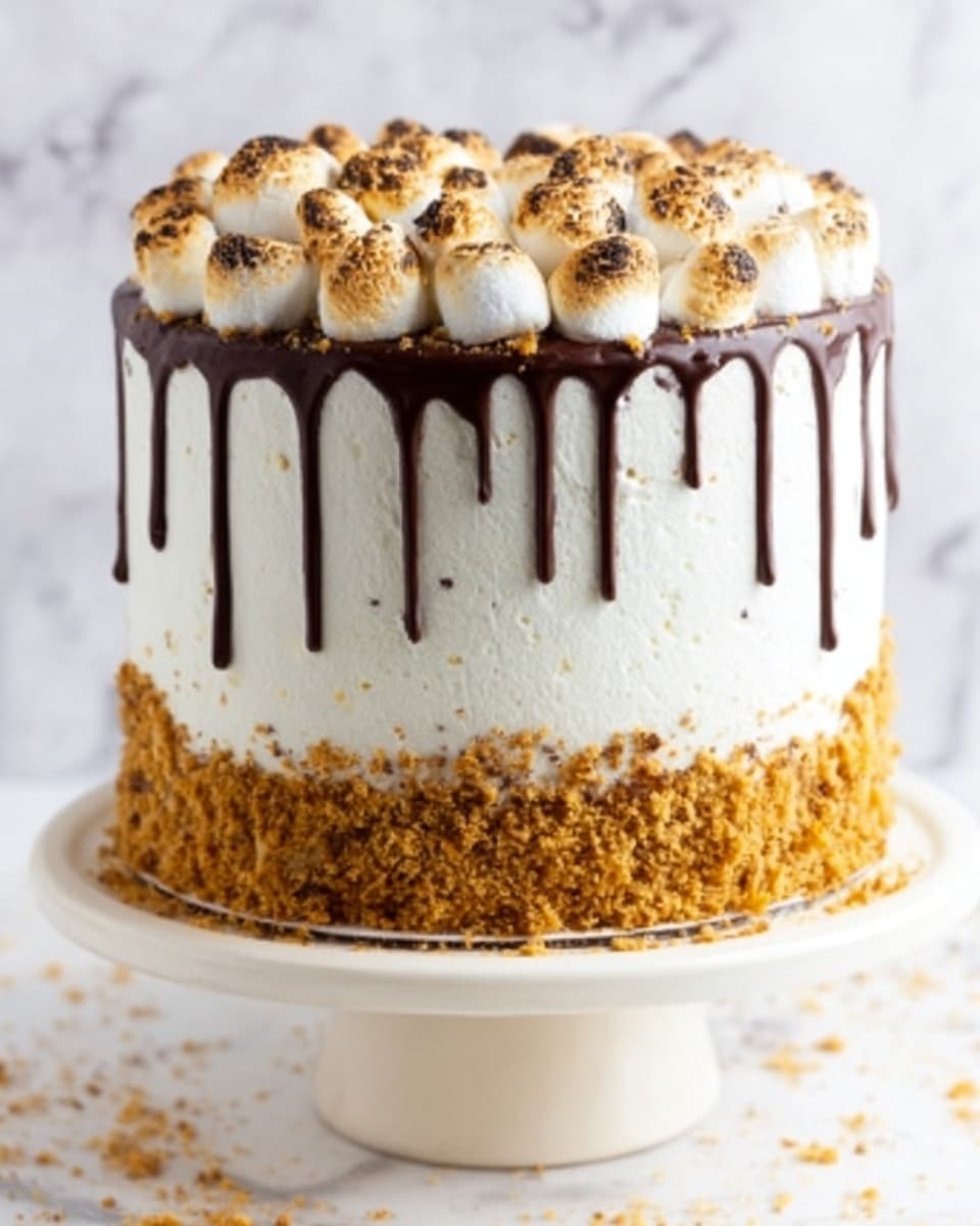 The image shows a tall, round cake with smooth white frosting. The cake has two main layers inside, covered completely with the white frosting. On the top, there is a thick layer of small, toasted marshmallows creating a soft, golden brown texture. Dark chocolate drizzle runs down the sides in uneven lines from the top edge. Around the base of the cake, there is a crumb layer in a golden brown color, looking like crushed graham crackers. The cake sits on a white cake stand with a wooden base, all placed on a white marbled surface. Photo taken with an iphone --ar 4:5 --v 7