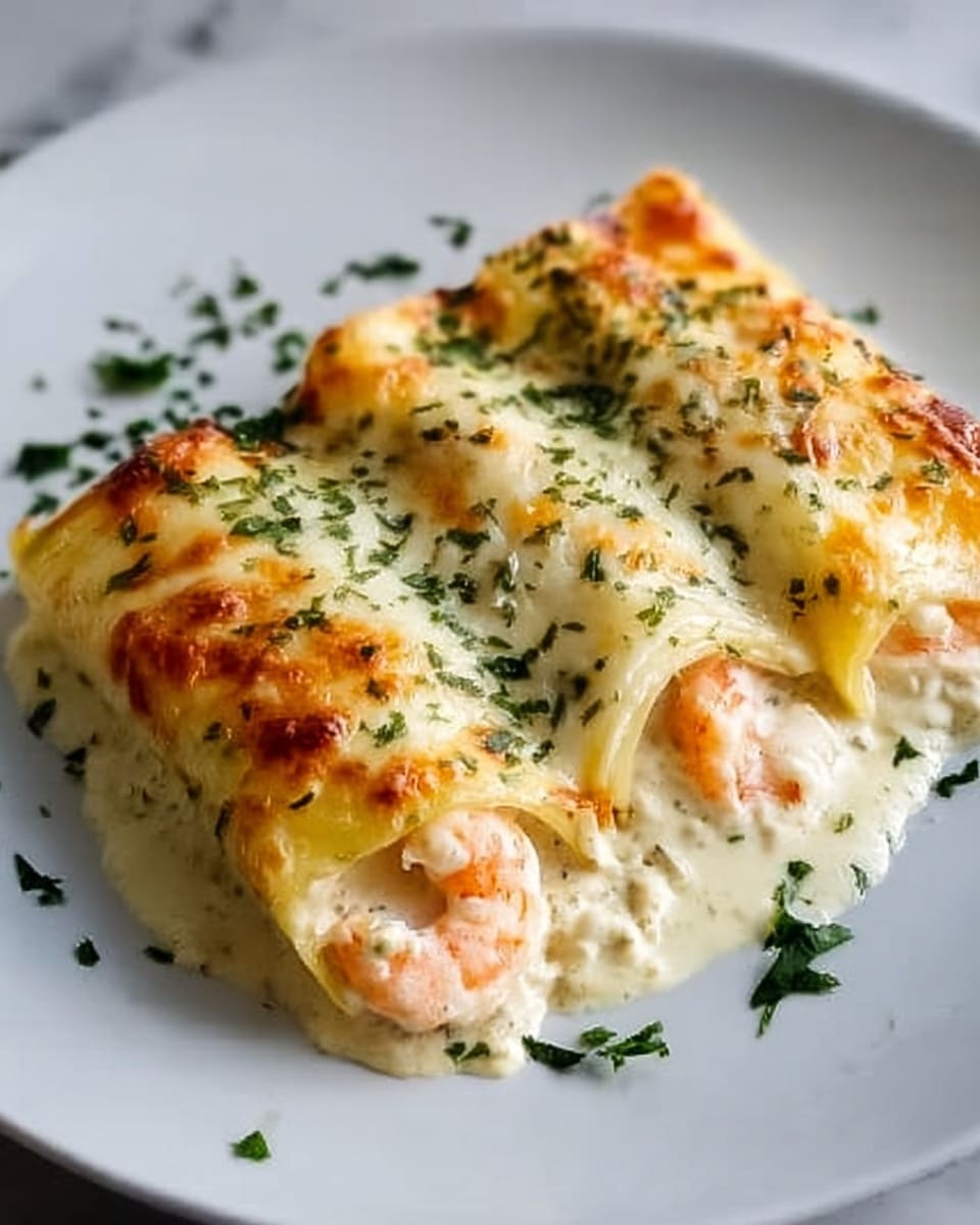 The image shows two stuffed pasta rolls on a white plate. Each roll has a golden-brown baked cheese layer on top with small green herb sprinkles. Inside, there is a creamy white sauce mixed with pieces of shrimp, showing a smooth and soft texture. The edges of the pasta sheets are light yellow with some browned spots from baking. The plate is on a white marbled surface. A glass of light yellow liquid is slightly visible in the background. Photo taken with an iphone --ar 4:5 --v 7
