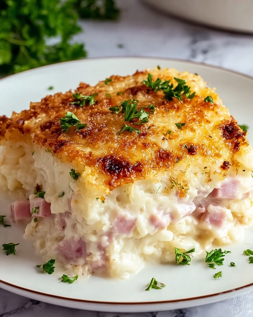 The image shows a close-up of a piece of baked casserole on a white plate, layered with creamy white sauce mixed with chunks of pink ham, topped with a golden-brown crumb crust sprinkled with small green parsley pieces. The top layer has a crispy, slightly charred texture with a mixture of darker and lighter brown spots, while the inside layers are soft and cheesy, oozing a rich sauce. Some fresh green parsley is also scattered around the plate’s edge, placed on a white marbled surface. Photo taken with an iphone --ar 4:5 --v 7