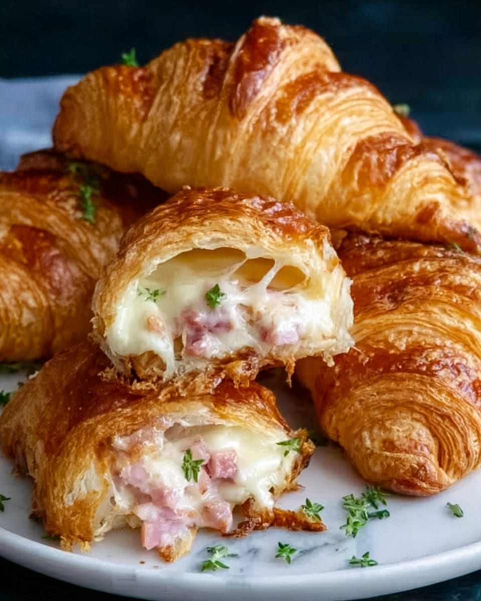 A close-up of a white plate holding four golden brown croissants with shiny, flaky layers. One croissant is cut open, showing light pink ham pieces and creamy white melted cheese inside. Small green herb leaves are scattered on the croissants. The background surface is white marble. photo taken with an iphone --ar 4:5 --v 7
