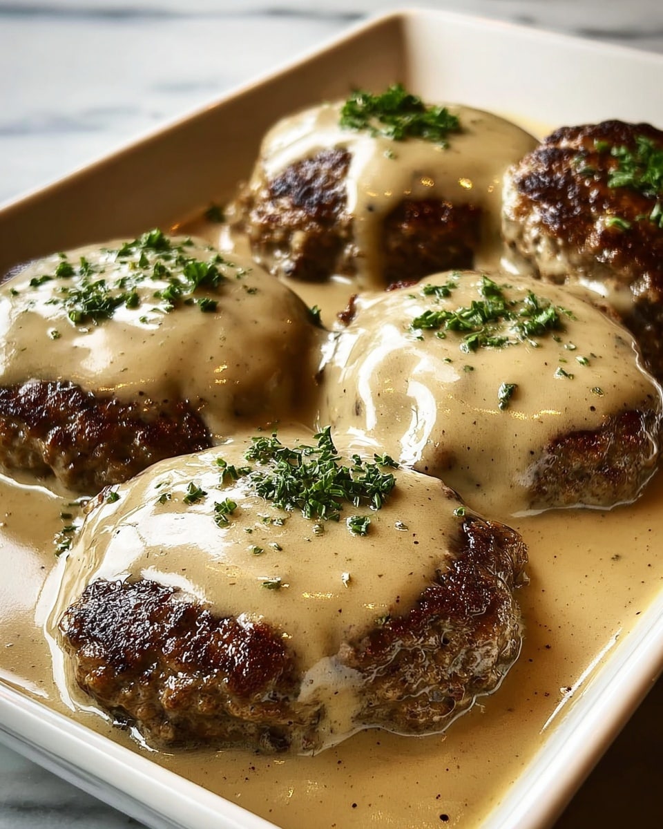 The image shows four round, thick patties with a browned, crispy texture on the outside. Each patty is covered in a creamy, light beige sauce that pools around the base, creating a smooth, glossy layer. On top of the sauce-covered patties, there are small, finely chopped green herbs sprinkled evenly, adding a fresh contrast to the warm colors. The patties are arranged on a white rectangular tray, placed on a white marbled surface. The lighting highlights the shiny, moist texture of the sauce and the coarse seasoning on top. photo taken with an iphone --ar 4:5 --v 7