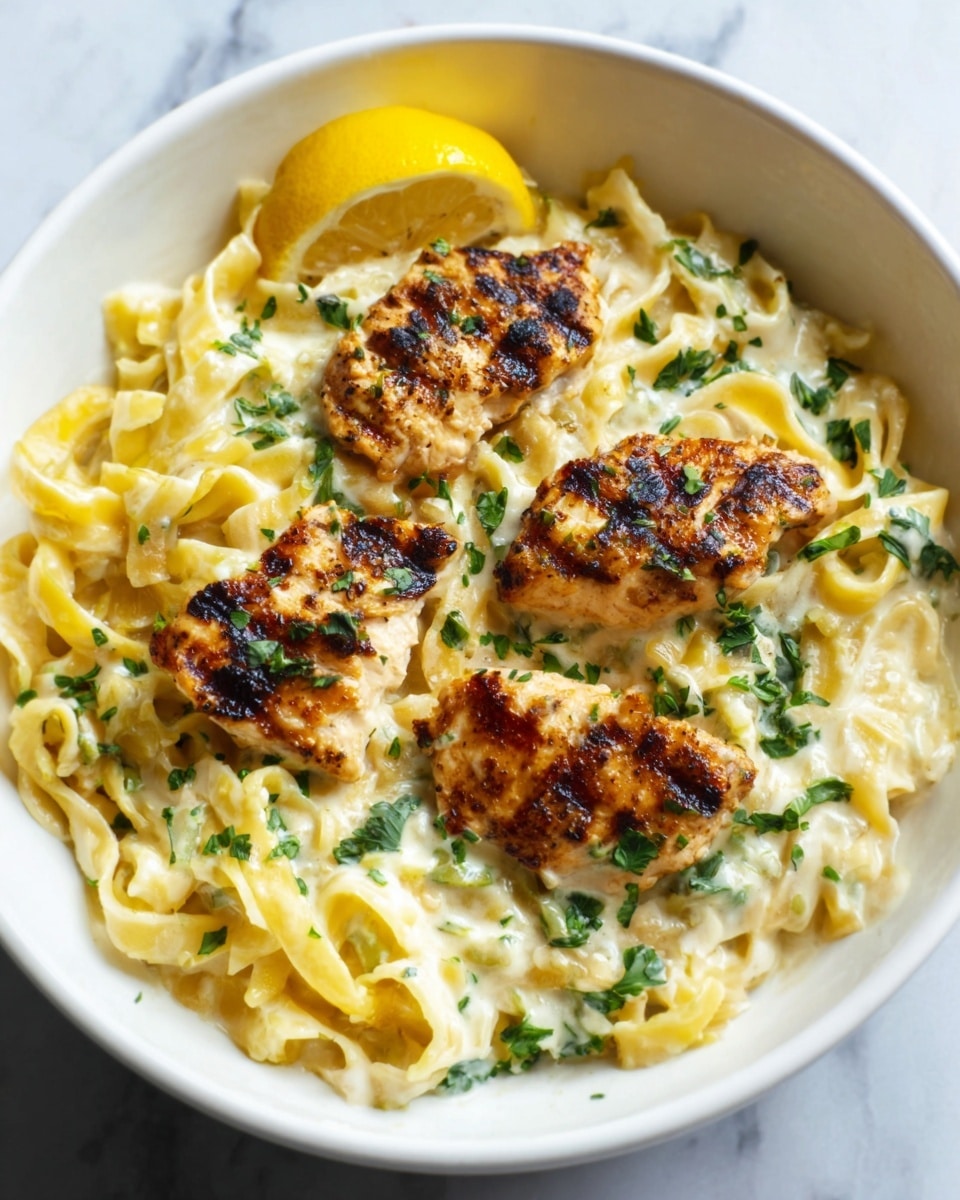 A white round bowl on a white marbled surface filled with a creamy pasta dish that has three pieces of browned grilled chicken on top. The pasta is light yellow with a smooth creamy texture, and green chopped herbs are scattered around and under the chicken pieces. A quarter of a lemon is placed at the edge of the bowl, adding a bright yellow contrast. The chicken has a golden-brown grilled color with some char marks, giving a nice texture contrast to the creamy pasta. Photo taken with an iphone --ar 4:5 --v 7