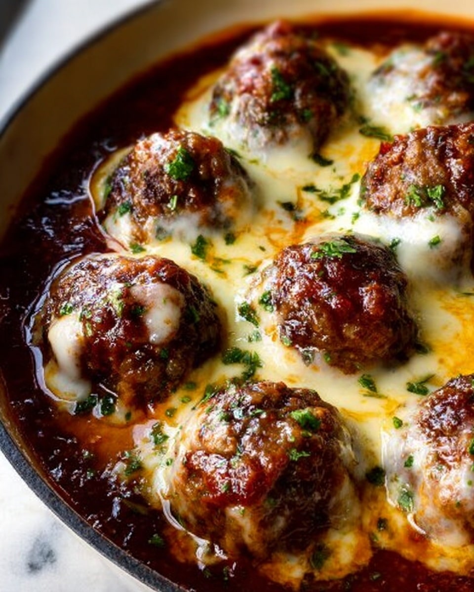The image shows a close-up of several golden-brown meatballs covered in melted, creamy white cheese that has slightly bubbled and browned on top. Each meatball is garnished with small green herb pieces, adding a fresh touch of color. The meatballs sit closely together in a round white pan filled with a rich, thick red tomato sauce visible around the edges. The background is a white marbled surface. Photo taken with an iphone --ar 4:5 --v 7