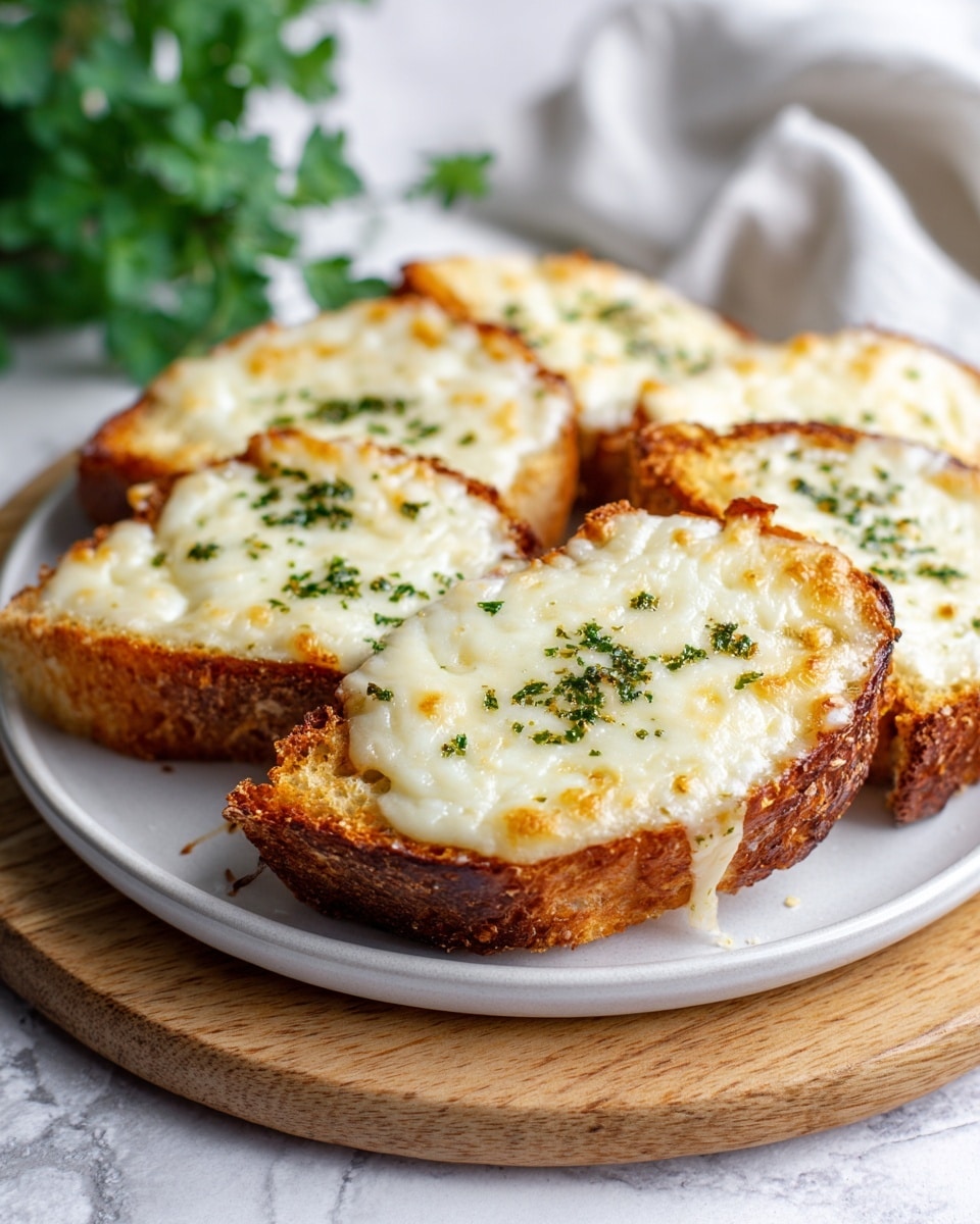 Seven pieces of toasted bread are arranged on a large white plate. Each piece has a layer of melted cheese on top, browned slightly from grilling, and is sprinkled with finely chopped green herbs. The bread is golden-brown on the edges, and the cheese layer looks creamy and bubbly with some golden spots. The plate sits on a white marbled surface with a soft cloth nearby, with natural light coming from behind, giving a warm and fresh feel. photo taken with an iphone --ar 4:5 --v 7