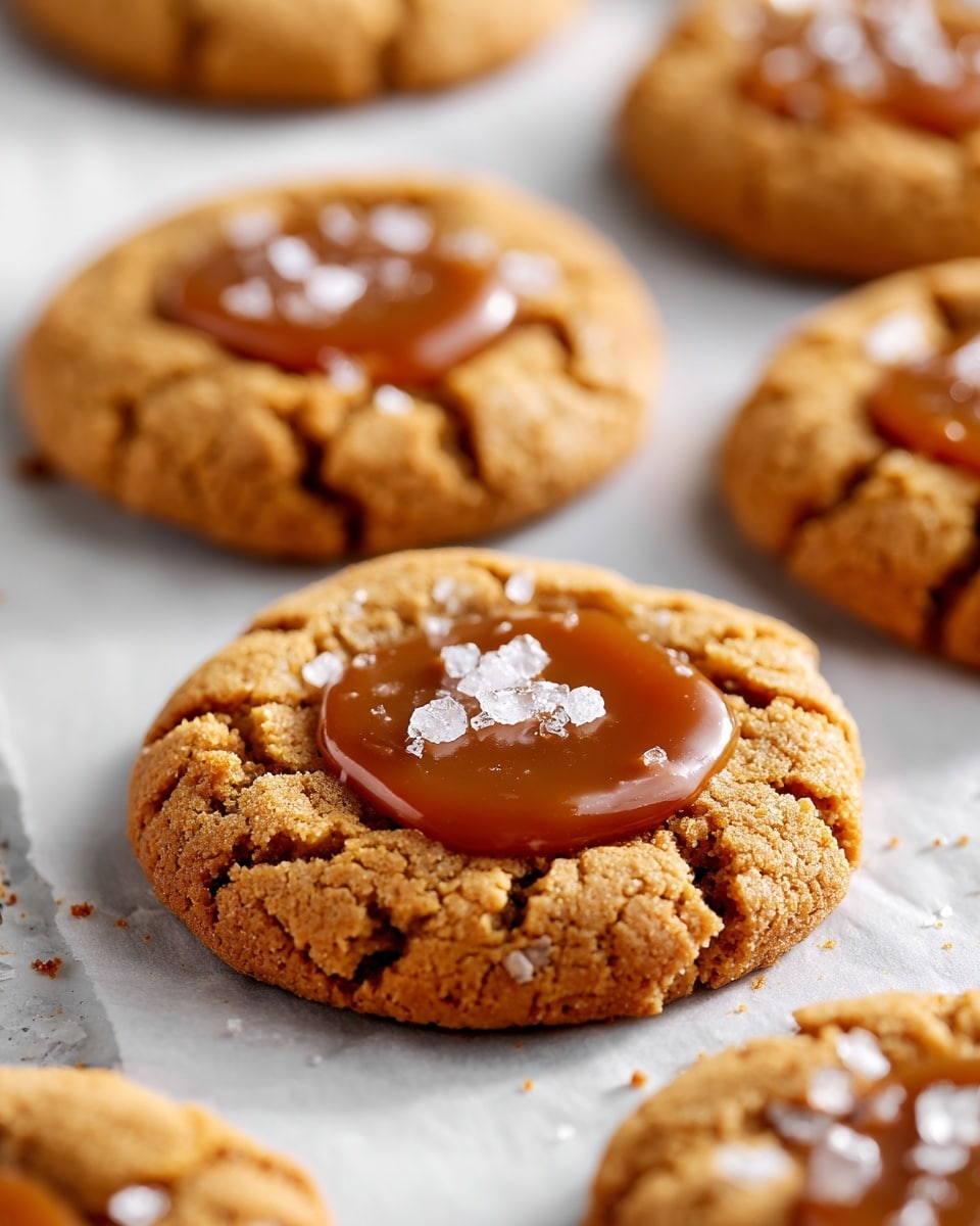 The image shows a close-up of a soft, golden-brown cookie with a slightly cracked texture on the outside. The cookie has a single, thick layer of smooth caramel spread in the center, topped with coarse sea salt crystals, giving it a shiny and textured look. Surrounding the main cookie, other similar cookies are visible with the same caramel and salt topping, all placed on white parchment paper on a baking tray. The background is a white marbled surface. photo taken with an iphone --ar 4:5 --v 7