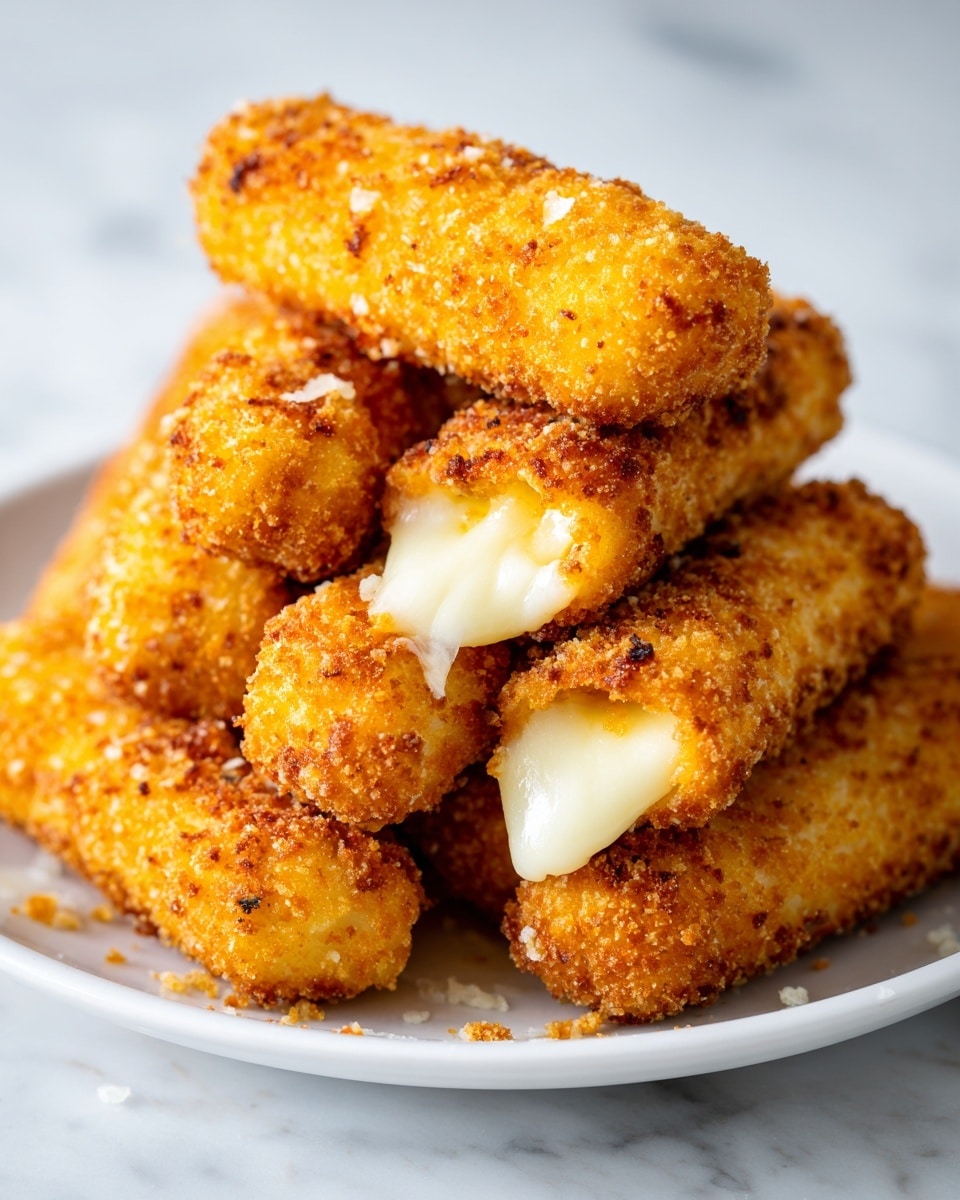 The image shows a stack of seven golden brown fried cheese sticks on a white plate. Each cheese stick is evenly coated in crispy, crunchy breadcrumbs, giving a rough texture. The cheese inside is slightly melted and peeks out from the ends of a few sticks, showing a soft, creamy white center. The plate rests on a white marbled surface. The lighting highlights the golden colors and textures, making the sticks look hot and freshly fried. Photo taken with an iphone --ar 4:5 --v 7