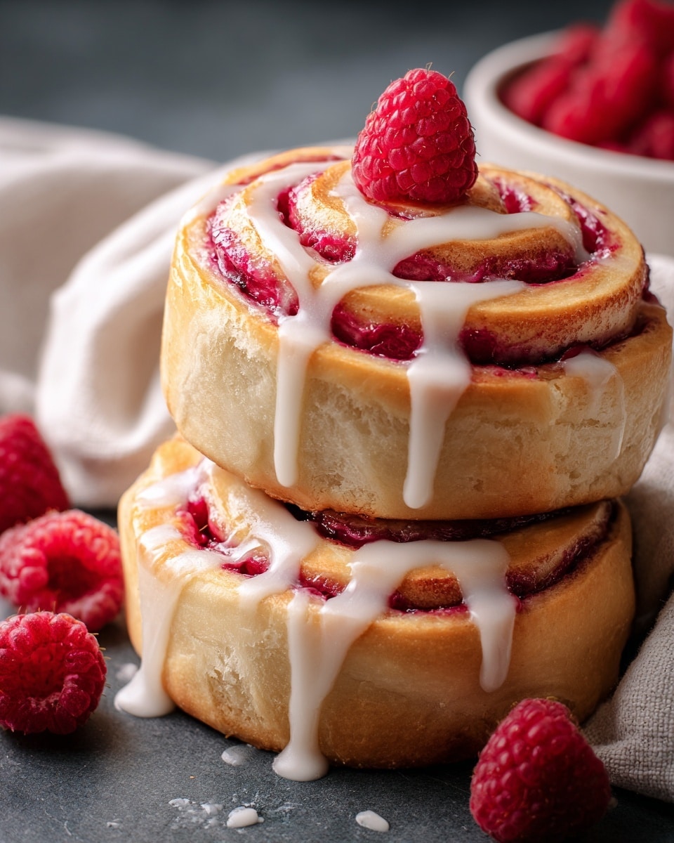 Two round raspberry buns are stacked on top of each other, each showing spiral layers of golden-baked dough and bright red raspberry filling. White icing is drizzled over the top bun, flowing down the sides in thin streams. A fresh red raspberry sits in the center of the top bun as decoration. The buns rest on a soft beige cloth, with a small white bowl filled with extra raspberries nearby, all set against a white marbled textured background. photo taken with an iphone --ar 4:5 --v 7