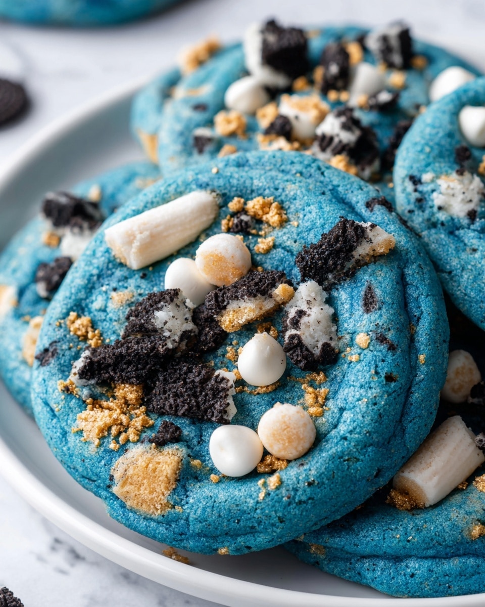 A close-up view of several blue cookies stacked together on a white plate, each cookie having a soft, slightly bumpy texture with chunks scattered on top. The cookie bases are bright blue with embedded pieces of black and white cookies, white chocolate chips, and small golden cookie bits spread unevenly over the surface. The arrangement shows layers of different textures and colors from the small crumbly cookie pieces, smooth white chips, to the crunchy black cookie chunks, all set against a white marbled background. Photo taken with an iphone --ar 4:5 --v 7