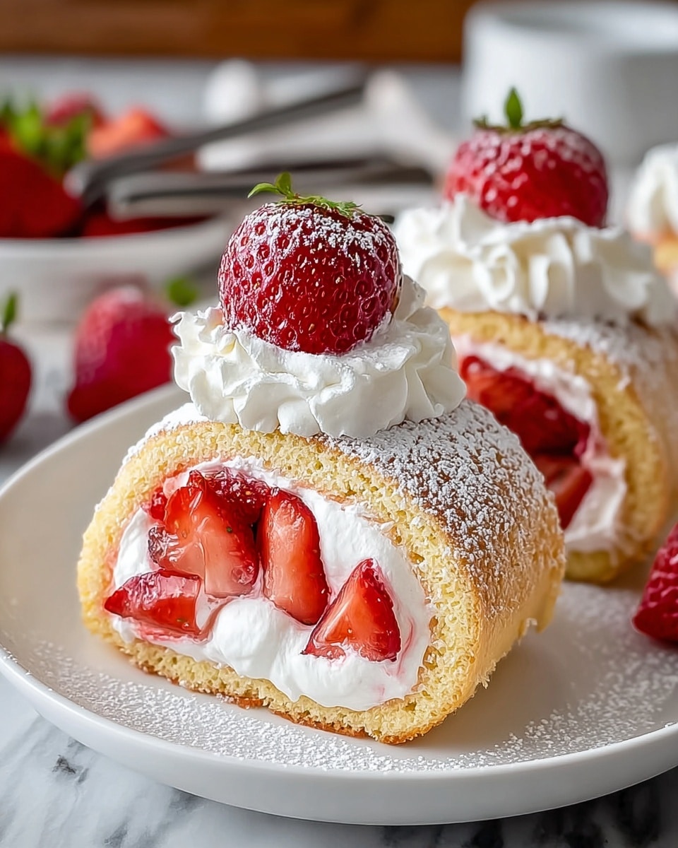 A white rectangular plate holds two rolled sponge cakes placed side by side. Each roll has a soft yellow outer layer of sponge cake wrapped tightly around a thick layer of white whipped cream filling with whole fresh strawberries visible inside. On top of each roll, there are alternating dollops of whipped cream and halved strawberries arranged in a neat line. The entire dessert is dusted with powdered sugar, adding a light white coating over the cream and strawberries. The plate sits on a white marbled surface. photo taken with an iphone --ar 4:5 --v 7