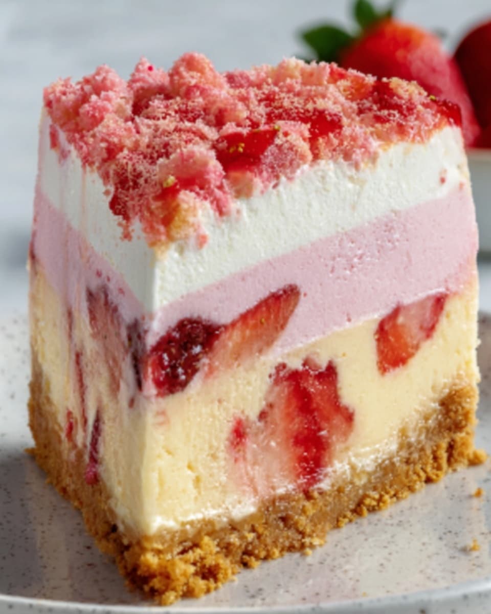 The image shows a slice of a layered dessert with four clear layers. The bottom layer is a brown crumbly crust. Above that is a thick creamy white layer with visible pieces of fresh red strawberries. The third layer is a smooth pink cream with strawberry bits, while the top layer is a mix of pink and white cream topped with pink crumbly bits. The colors range from brown at the bottom, to white with red strawberry pieces, then light pink, finishing with a textured pink topping. The dessert slice sits on a white marbled surface. photo taken with an iphone --ar 4:5 --v 7