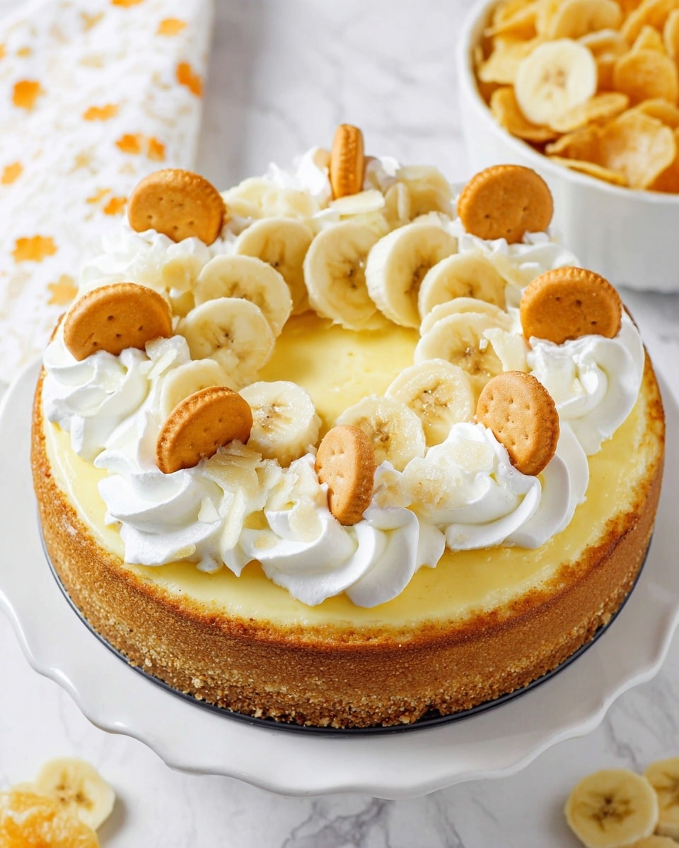 A round cheesecake with a thick, crumbly golden-brown crust on the bottom and sides, topped with a smooth, light yellow creamy layer. On top, there are several swirls of white whipped cream arranged evenly around the surface. Each swirl is decorated with a golden orange cookie and banana slices that are pale yellow with a slightly darker center, positioned both on the whipped cream and along the edge of the cheesecake. The cheesecake sits on a white ceramic plate with a wavy edge, all placed on a white marbled surface with some scattered cookie crumbs and banana chips nearby. photo taken with an iphone --ar 4:5 --v 7