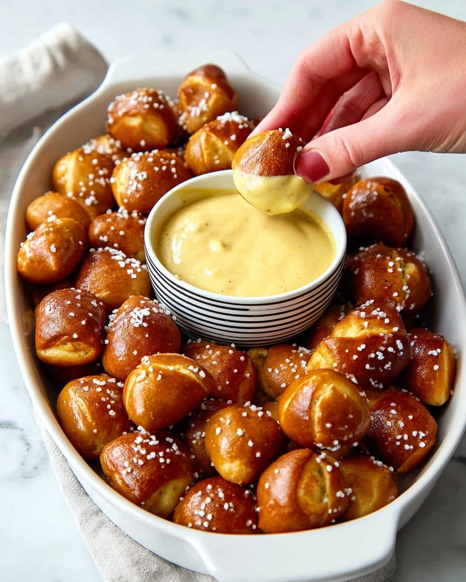 A white oval bowl filled with many small, golden-brown pretzel bites sprinkled with coarse salt, showing a shiny, slightly rough texture from the baked crust. In the lower right corner of the bowl, a small round white bowl with black stripes holds smooth, creamy yellow mustard sauce. A woman's hand is dipping one pretzel bite into the mustard, with the pretzel showing a rich brown color on top and a lighter yellow on the sides. The bowl is placed on a white marbled surface. photo taken with an iphone --ar 4:5 --v 7