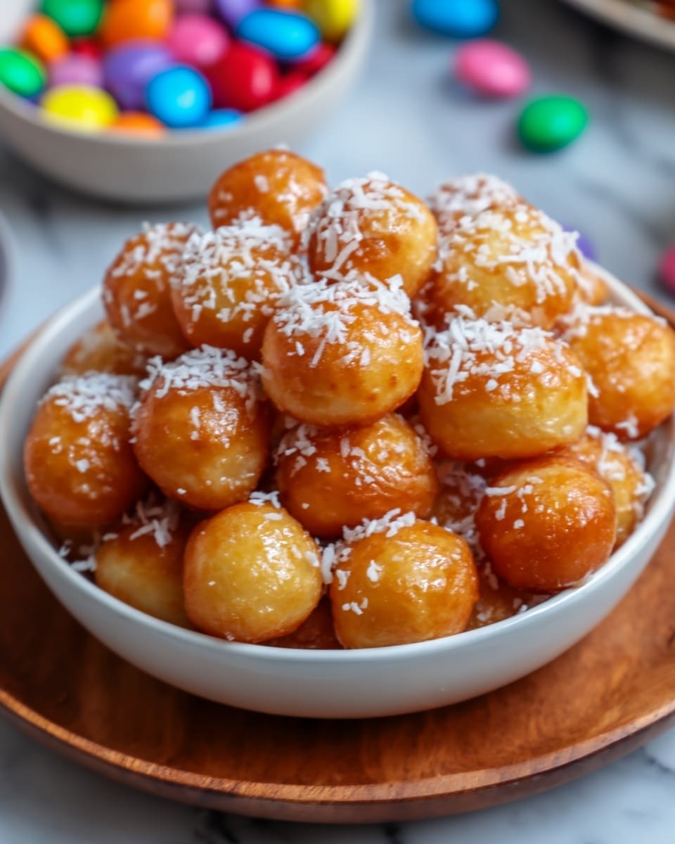 A white plate filled with many small golden-brown fried dough balls topped with white shredded coconut. The dough balls are shiny from a glaze. The plate is placed on a round wooden board, with a white marbled surface in the background. A small colorful bowl with multicolored round candies is blurred in the background. Photo taken with an iphone --ar 4:5 --v 7