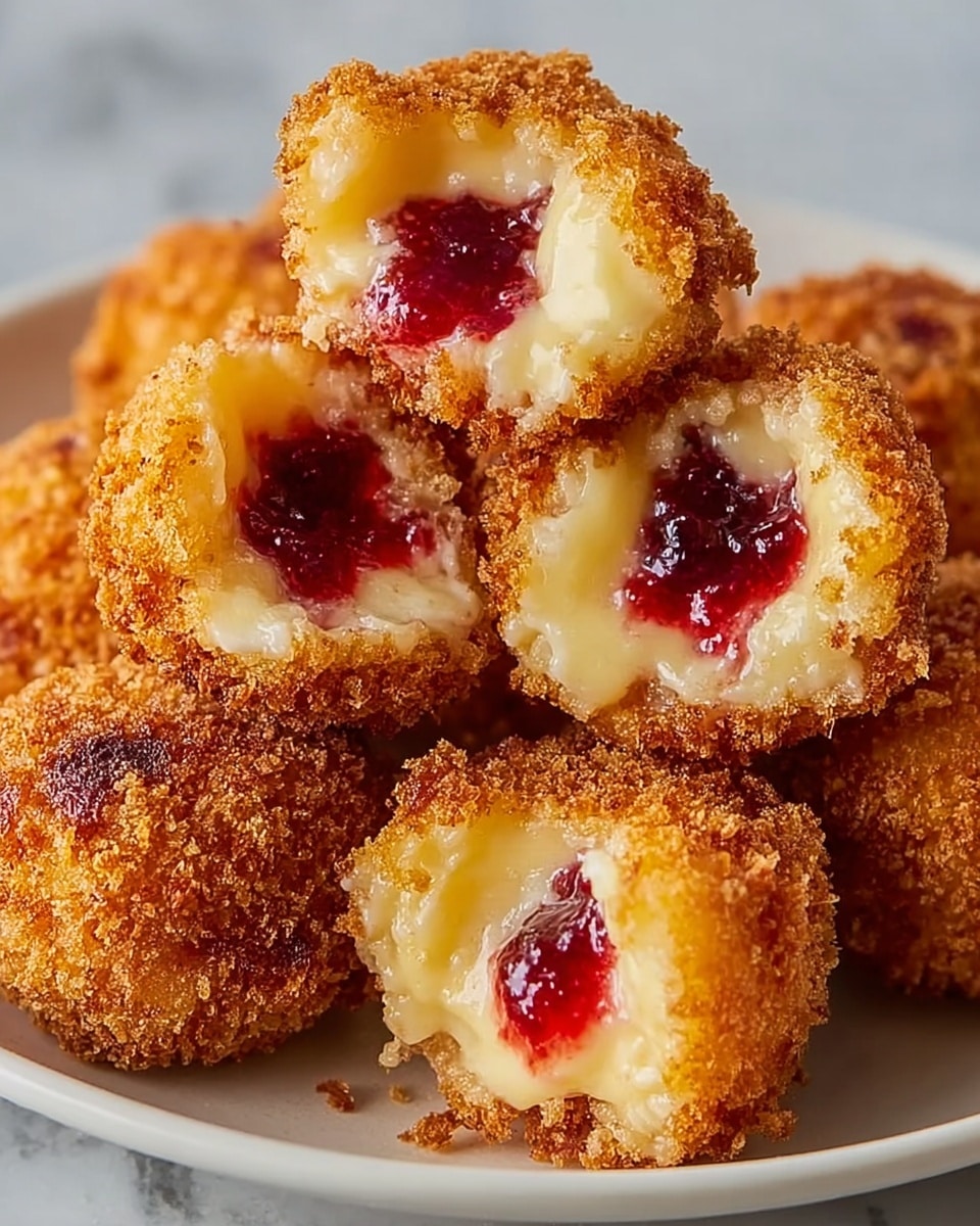 A close-up of several golden brown, crispy fried cheese balls stacked on a white plate, with one cheese ball broken in half showing three layers: a crunchy, coarse breaded outer layer in dark golden color, a thick creamy pale yellow cheese layer beneath, and a bright red, slightly glossy jelly filling in the center. The surface underneath the plate is a white marbled texture. photo taken with an iphone --ar 4:5 --v 7