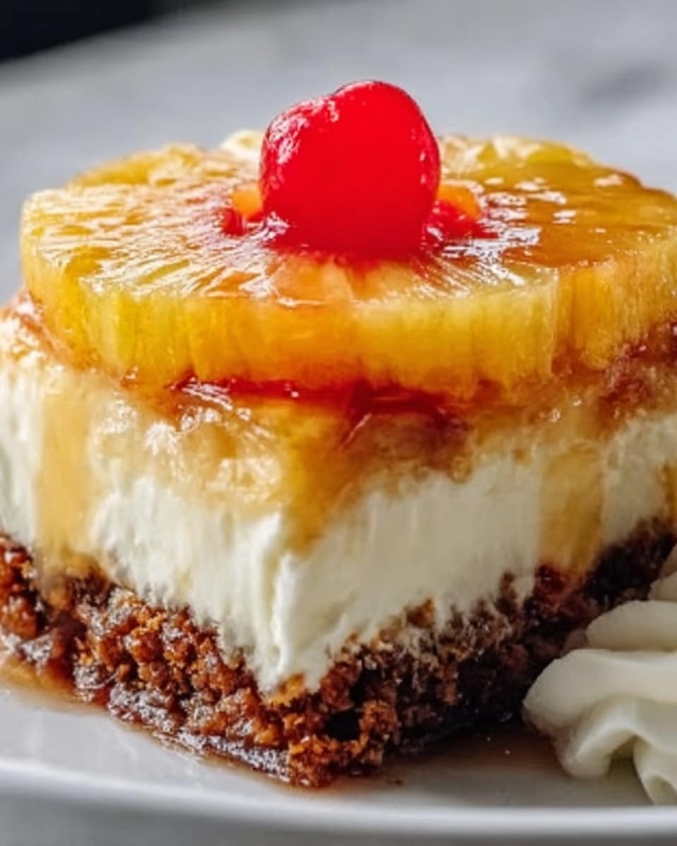 The image shows a close-up of a small dessert slice on a white plate, set against a white marbled surface. The dessert has three main layers: the bottom is a dark crumbly crust, the middle is a thick creamy white layer, and the top is covered with a glossy golden pineapple ring, slightly translucent. In the center of the pineapple ring sits a bright red cherry with shiny syrup dripping around it, adding a vibrant color contrast. Some cream is visible at the edge of the plate near the dessert. Photo taken with an iphone --ar 4:5 --v 7
