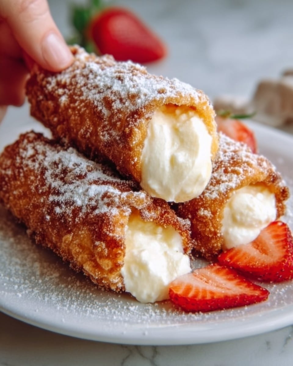 The image shows three golden-brown fried rolls, each filled with white cream that is slightly oozing out, placed closely on a white plate. The rolls are coated with a light dusting of powdered sugar, adding a soft white texture on top. Pieces of fresh red strawberries are arranged around the rolls, adding bright color contrast. The plate sits on a white marbled surface, and a woman's hand is gently holding one roll from the side, showing its creamy filling clearly. The overall look is warm, inviting, and rich in texture. photo taken with an iphone --ar 4:5 --v 7