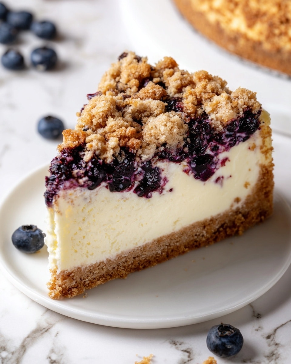 A close-up of a cheesecake slice with three visible layers on a white plate. The bottom layer is a thick, smooth, light brown crust. Above it is a thick, creamy white cheesecake layer that looks soft and dense. The top layer is a crumbly, golden-brown streusel crust with scattered dark purple blueberries baked in, some juices slightly soaked into the cheesecake layer below. The background has a white marbled texture with loose blueberries around. Photo taken with an iphone --ar 4:5 --v 7