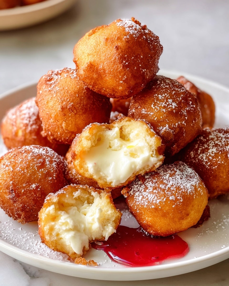 A white plate holds a pile of round, golden-brown fried dough balls, some dusted with powdered sugar. The dough balls have a crisp, textured exterior with darker, crispy edges. One ball is cut open to show a soft, creamy white inside with a smooth, melted texture. Another cut ball reveals a creamy filling with a drizzle of red syrup underneath. The plate is set on a white marbled surface, with a blurred white container in the background. photo taken with an iphone --ar 4:5 --v 7