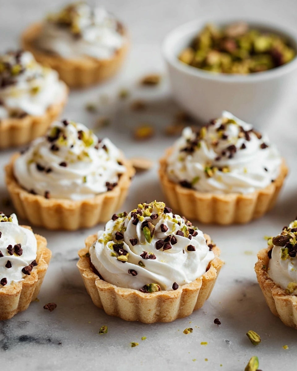 Small tartlets are shown on a white marbled surface, each with three layers: a golden brown crumbly crust at the base, a thick swirl of white creamy filling in the middle, and a topping of dark brown chocolate chips mixed with small green chopped pistachios scattered on top. More tartlets fill a white bowl blurred in the background. Some crushed pistachio pieces are also spread on the white marbled surface around the tartlets. Photo taken with an iphone --ar 4:5 --v 7