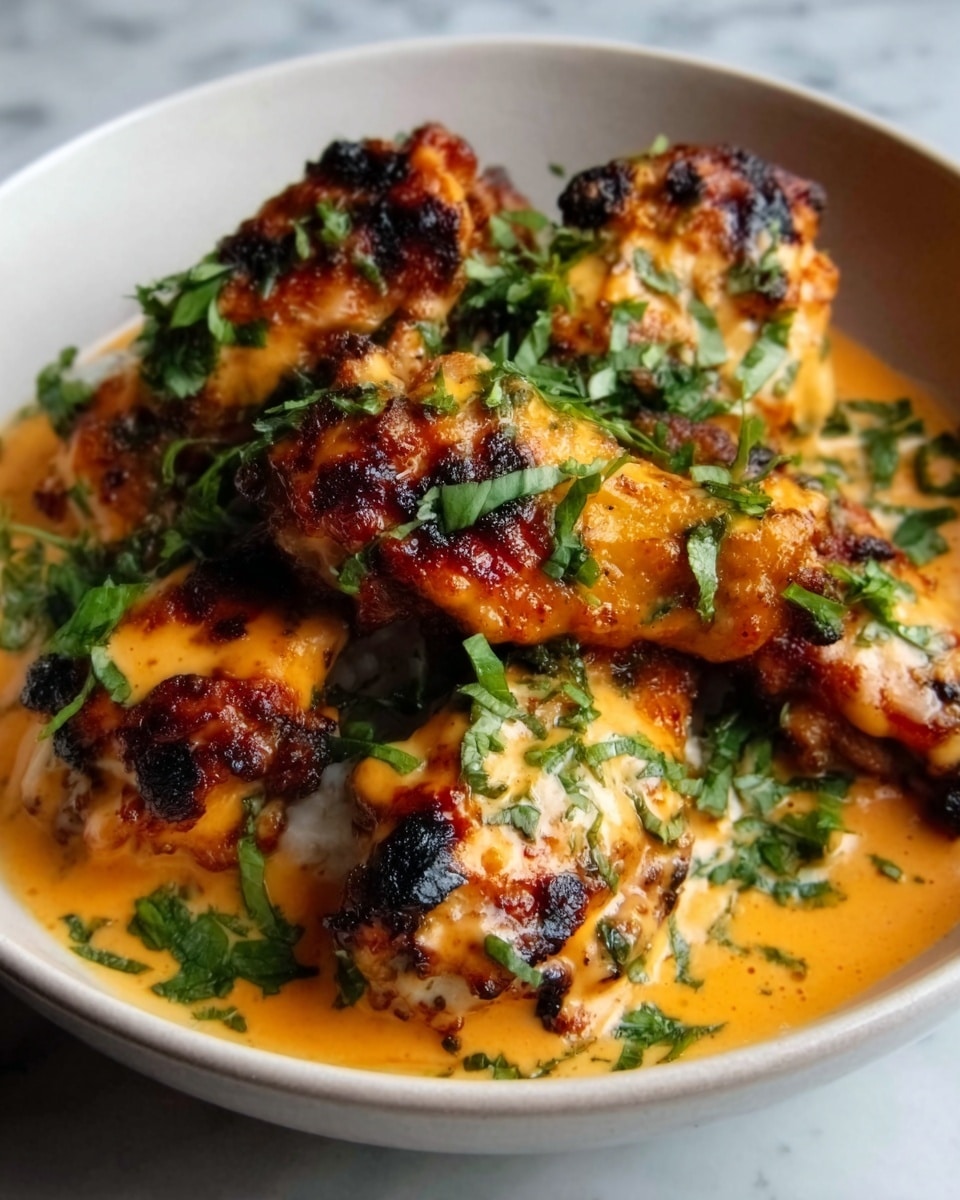 The image shows a white shallow bowl filled with crispy chicken wings covered in a glossy, reddish-orange sauce with a slightly thick texture. The chicken wings rest on a base of fresh green herbs, finely chopped and scattered over and around the wings. The sauce looks rich and juicy, coating each piece unevenly, showing some charred and textured skin underneath. The scene is set on a white marbled texture background, giving a clean and simple look. photo taken with an iphone --ar 4:5 --v 7