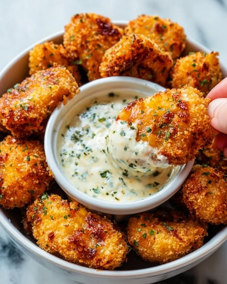 A close-up view of several golden-brown fried pieces of food, round and crispy with a crunchy texture, placed inside a white bowl with a small round container of creamy white sauce sprinkled with green herbs at the center. One piece is being dipped into the sauce by a woman's hand, showing the creamy sauce coating the piece. The background has a white marbled texture that highlights the warm colors of the food. photo taken with an iphone --ar 4:5 --v 7
