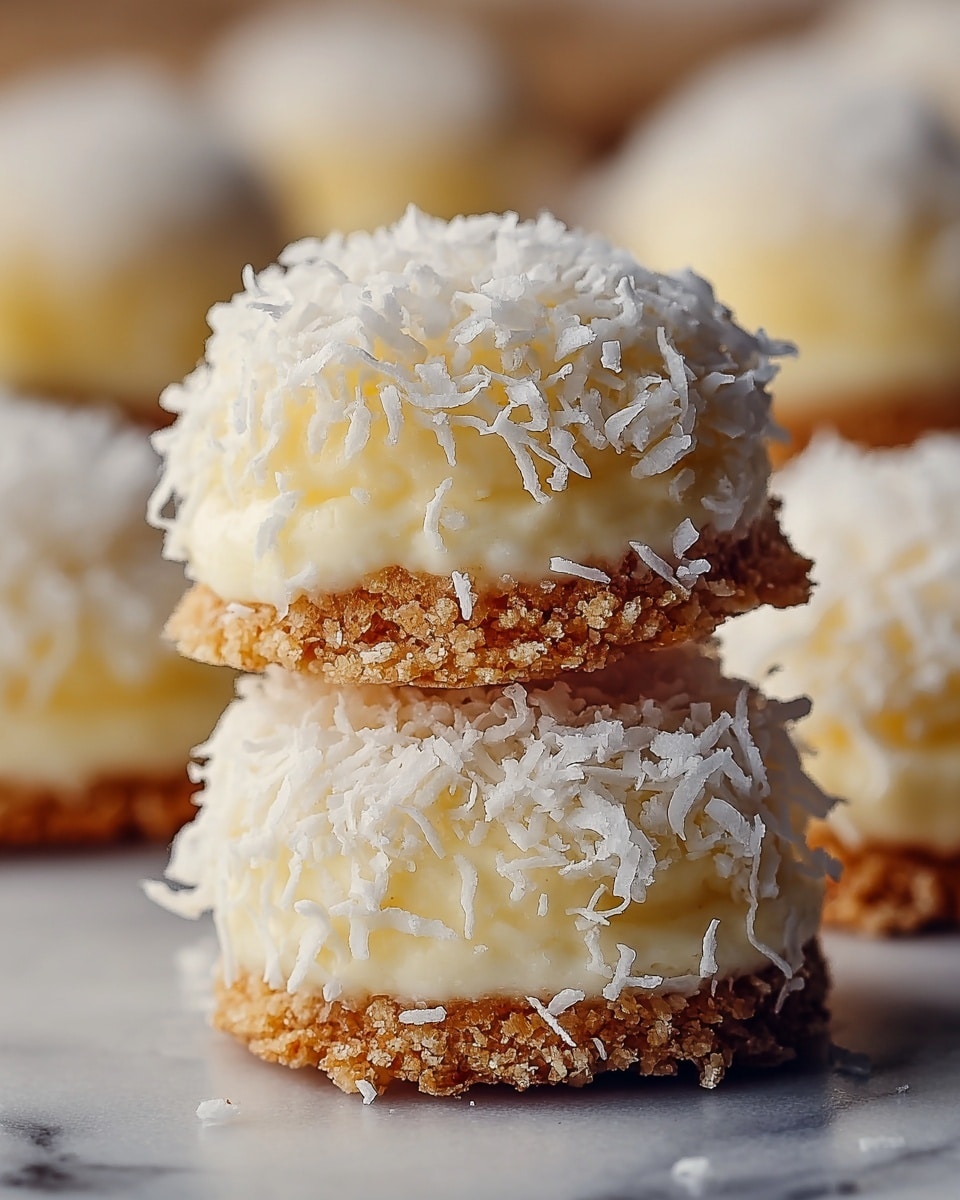 The image shows two small round cookies stacked on top of each other, each with two main layers. The bottom layer is a rough-textured light brown cookie, and the top layer is a fluffy pale yellow cream, covered with thin white shredded coconut pieces that add a soft texture and extra detail. The cookies sit on a smooth white plate with a few coconut shreds sprinkled around, all placed on a white marbled surface. In the background, there are blurred similar cookies with warm orange light softly glowing. Photo taken with an iphone --ar 4:5 --v 7
