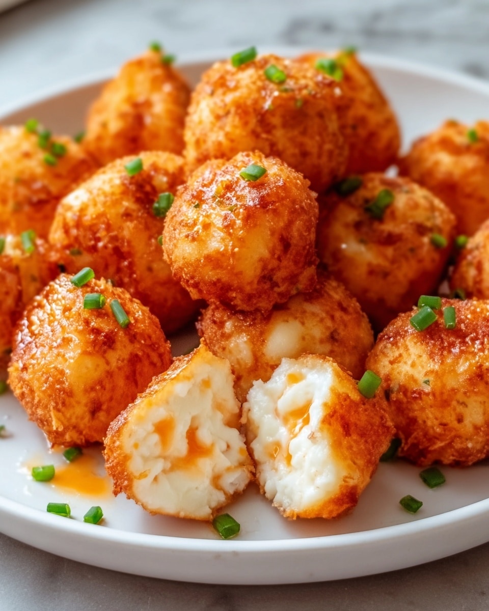 A white plate filled with round, golden-brown fried balls that have a crispy, slightly shiny outer layer. Each ball is about the size of a bite, with a textured surface showing small bits of green garnish sprinkled on top. One ball is cut open, revealing a soft, creamy white inside with small orange and white pieces mixed within. The plate rests on a white marbled surface with a warm, inviting light that highlights the golden colors and textures of the food. Photo taken with an iphone --ar 4:5 --v 7