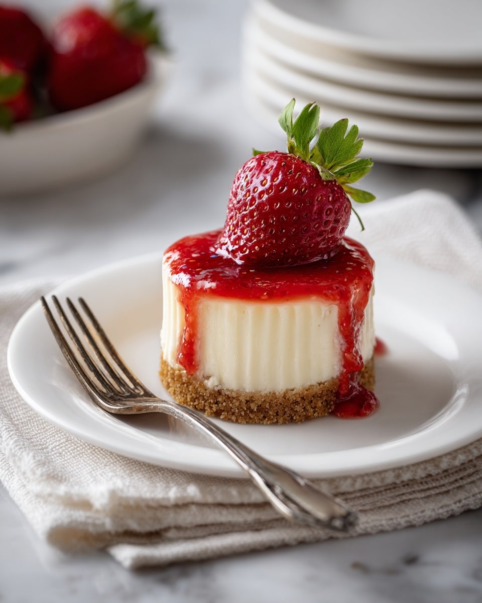 A small round cheesecake sits on a white plate on a white marbled surface with a folded white cloth under the plate. The cheesecake has three layers: a brown crumb crust at the bottom, a thick creamy white middle layer, and a glossy red strawberry sauce on top that drips down one side. Garnishing the sauce are two fresh strawberry halves, one standing upright. To the right of the cheesecake is a vintage silver fork resting on the plate. In the softly blurred background are a stack of white plates with flatware and a couple of whole strawberries. photo taken with an iphone --ar 4:5 --v 7