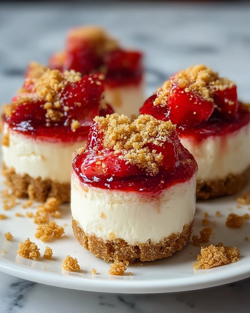 There are four small round mini cheesecakes on a white plate, each with three clear layers: a crumbly brown crust at the bottom, a thick white creamy cheesecake layer in the middle, and a shiny bright red strawberry topping with visible strawberry pieces on top. Each cheesecake is also topped with a sprinkle of coarse light brown sugar crystals, some of which have fallen onto the plate. The plate sits on a white marbled surface, and the background is dark and blurry, making the cheesecakes stand out. photo taken with an iphone --ar 4:5 --v 7