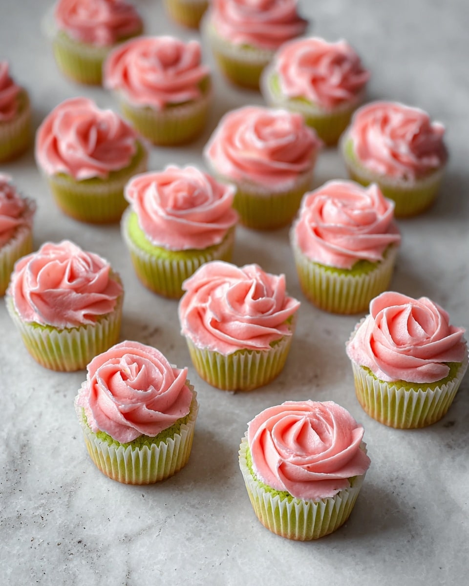 Many small cupcakes are scattered on a white marbled texture. Each cupcake has one layer of green cake at the bottom, topped with a swirl of smooth pink frosting that looks soft and creamy. The pink frosting is shaped like a rose on every cupcake, with petal-like edges. The cupcakes are in silver-colored paper cups that add a slight shine, contrasting with the textures of the cake and frosting. Photo taken with an iphone --ar 4:5 --v 7