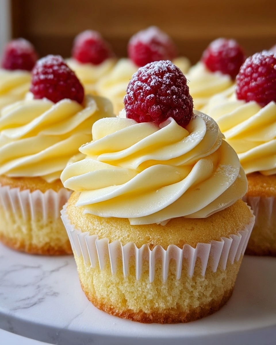 A close-up view of several yellow cupcakes arranged on a white cake stand with a white marbled texture underneath. Each cupcake has one layer of light yellow cake topped with two to three layers of thick, creamy, pale yellow frosting swirled with smooth, soft ridges. On top of each frosting swirl is a single bright red raspberry dusted lightly with powdered sugar, creating a fresh and inviting look. The focus is on the front cupcake, showing the detailed texture of the cake and frosting. photo taken with an iphone --ar 4:5 --v 7