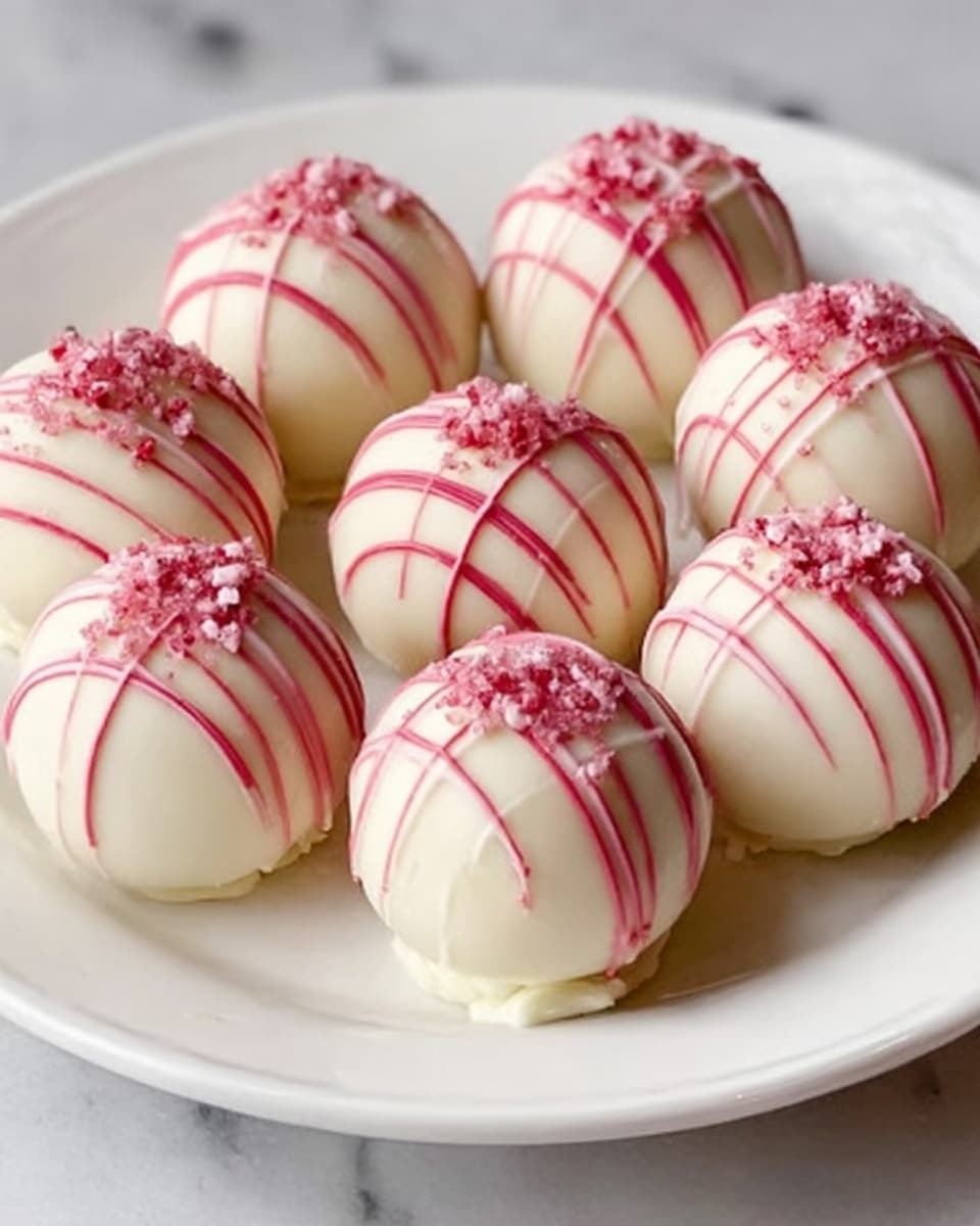 A group of round white chocolate truffles arranged close together on a white plate, each covered in smooth white chocolate with thin pink drizzle lines on top, small pink candy pieces sprinkled over the drizzle, giving a soft textured look; the background is a white marbled surface. Photo taken with an iphone --ar 4:5 --v 7