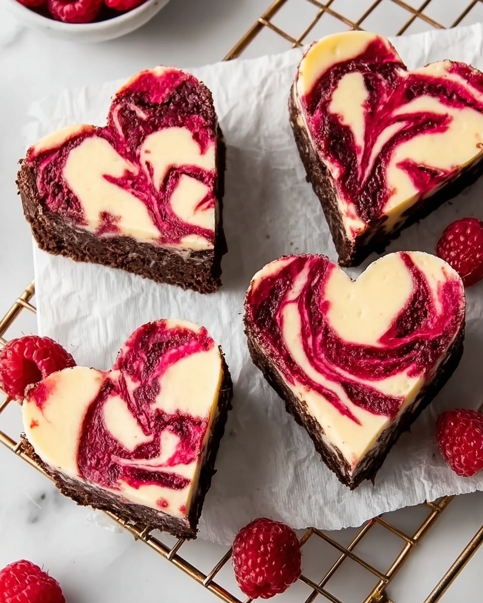 Four heart-shaped brownies sit on white parchment paper over a gold cooling rack, all placed on a white marbled surface. Each brownie has two visible layers: a dark brown, smooth brownie base and a swirled top layer of creamy white cheesecake with bright red raspberry sauce creating thick, curly patterns. Around the brownies, fresh red raspberries are scattered, adding a fresh, fruity contrast to the dessert’s rich colors. photo taken with an iphone --ar 4:5 --v 7