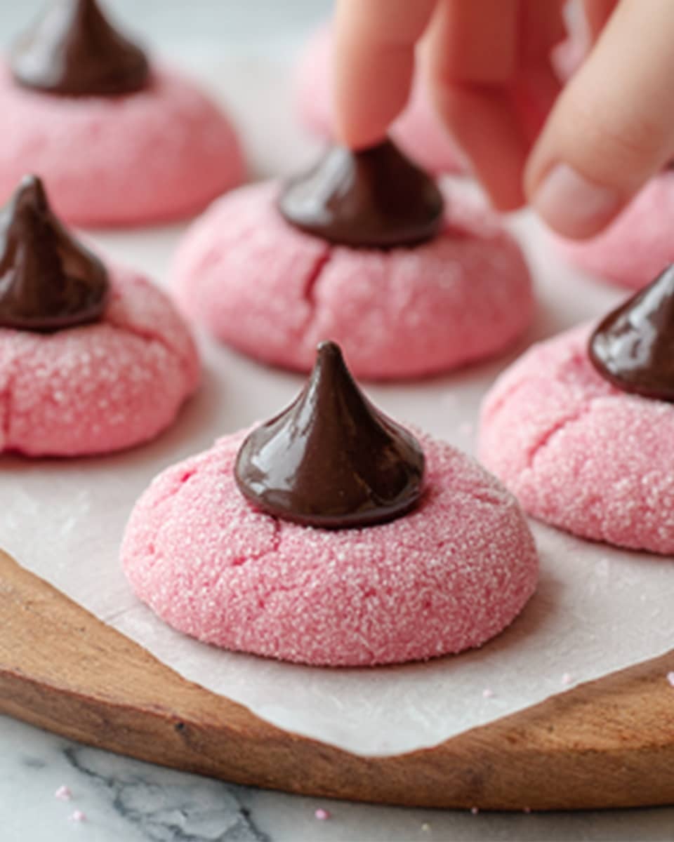 The image shows soft, round pink cookies arranged on a wooden board, each topped with a dark chocolate kiss at the center. The pink cookie layer has a slightly rough texture with sugar crystals visible on the surface, while the chocolate kiss is smooth and shiny, standing upright in the middle of each cookie. Each cookie sits on a small square of white paper with pink print, and the background is a white marbled texture. Photo taken with an iphone --ar 4:5 --v 7