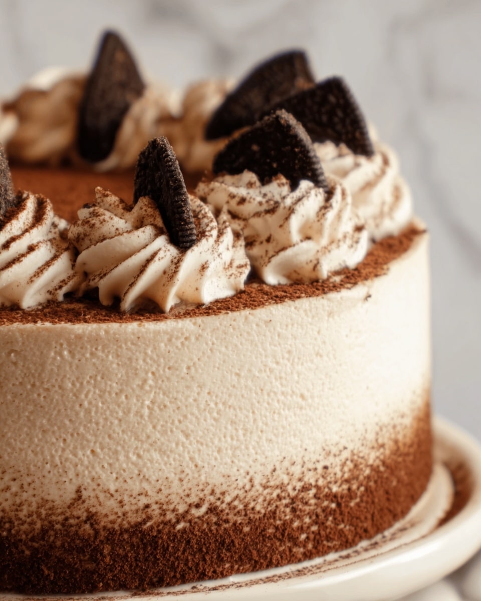 The image shows a round cake with three visible layers: the bottom layer is light brown and smooth, the middle layer is a creamy white color with a soft texture, and the top layer is covered with a fine dusting of cocoa powder. Around the edge of the cake, there are eight evenly spaced swirls of white whipped cream, each topped with a piece of dark chocolate cookie standing upright. The cake is on a white plate placed on a white marbled surface. Photo taken with an iphone --ar 4:5 --v 7