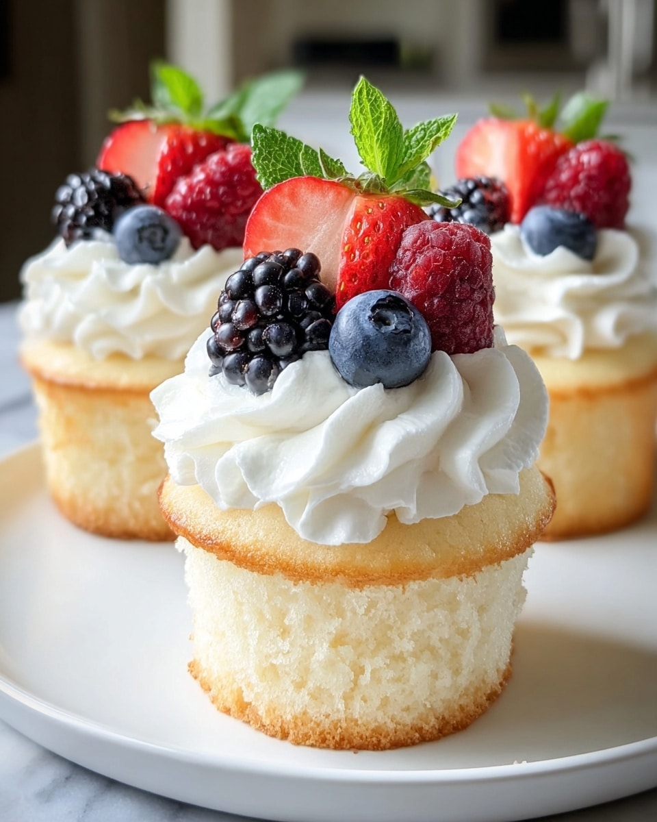 Three vanilla cupcakes sit on a white plate with a white marbled texture in the blurred background. Each cupcake has a light golden-brown top layer and a soft, fluffy white base. On top of every cupcake is a swirl of bright white whipped cream, slightly textured with peaks. Nestled into the cream are fresh berries: shiny red strawberries with green leaves, a plump dark blue blueberry, and a textured black blackberry, forming a colorful and fresh topping. Photo taken with an iphone --ar 4:5 --v 7
