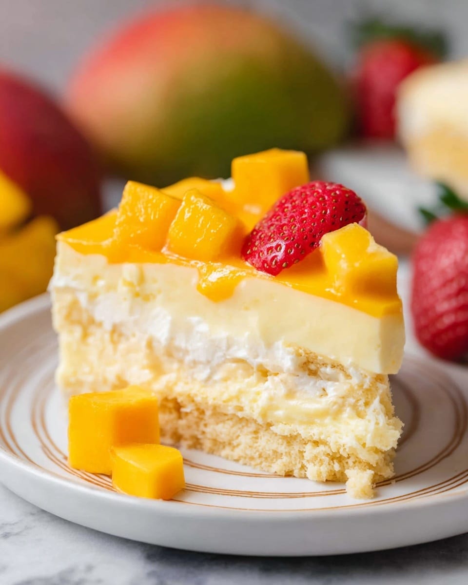 A close-up of a slice of layered mango and cream dessert on a white plate with fine brown lines. The dessert has three visible layers: a bottom white creamy layer, a thick yellow cake layer in the middle with a soft texture, and a top layer of smooth cream with small cubes of bright orange mango pieces scattered on it. A half strawberry with a green leaf is placed on top of the dessert. Additional mango cubes and whole strawberries blurred in the background on a white marbled surface. photo taken with an iphone --ar 4:5 --v 7