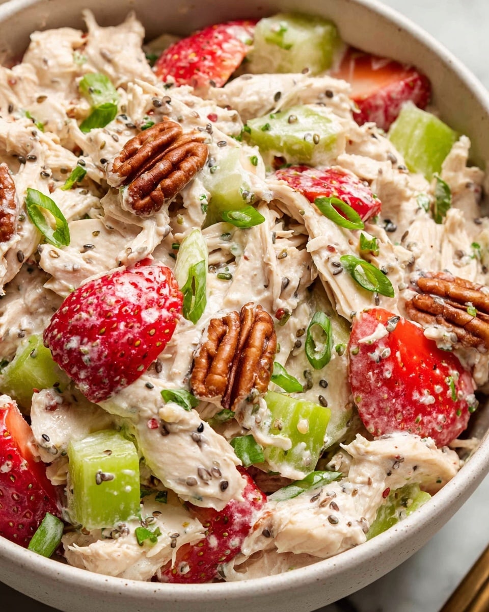 A white bowl filled with shredded chicken mixed with a creamy white dressing as the base layer, scattered with bright red strawberry pieces and light green celery chunks. Toasted pecans add a rich brown color and crunch throughout, while small black poppy seeds are sprinkled on top for texture. Fresh, chopped green onions are spread evenly over the dish, adding pops of vibrant green that contrast with the creaminess. The bowl sits on a white marbled surface, creating a clean and fresh look. Photo taken with an iphone --ar 4:5 --v 7