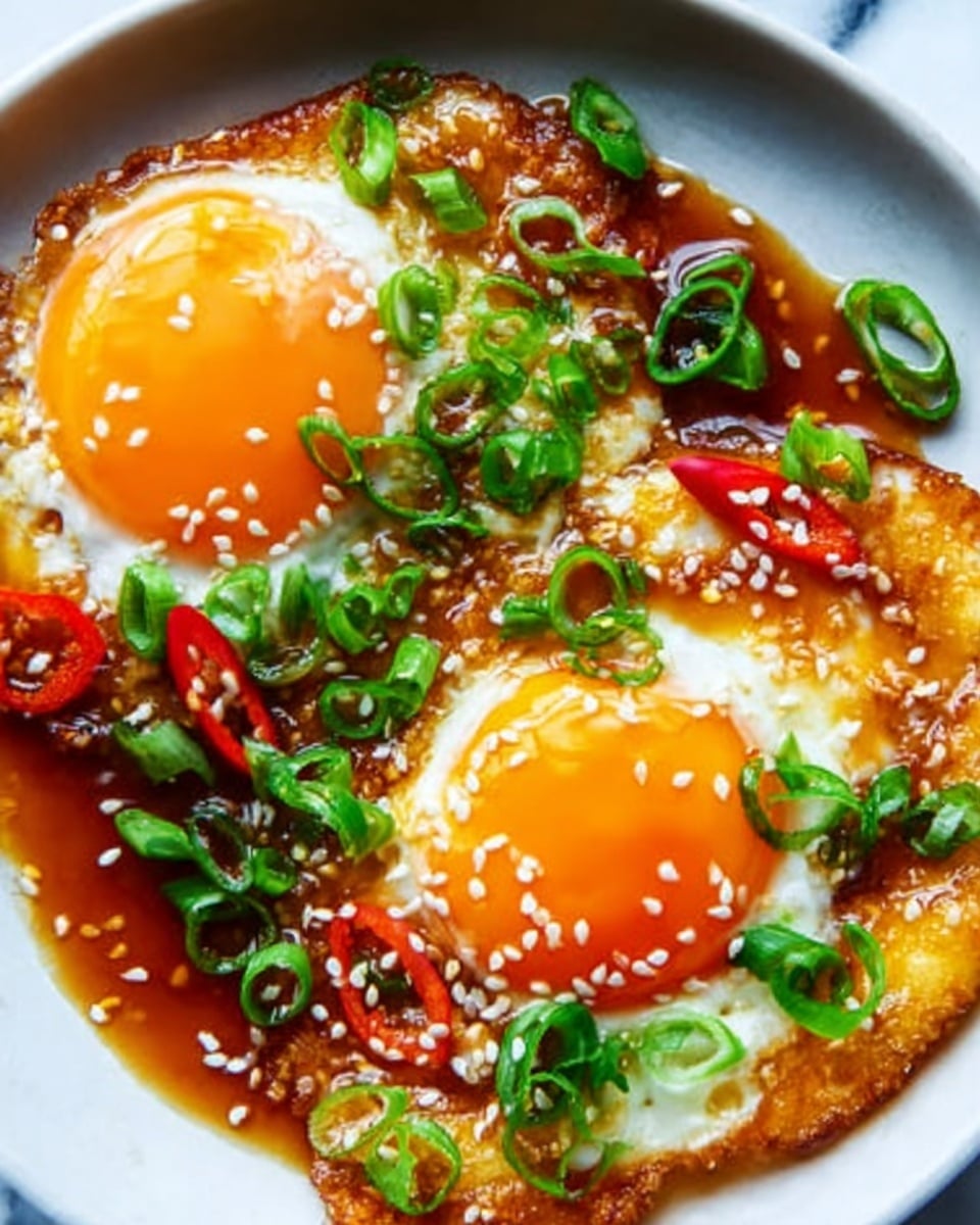 The image shows two fried eggs on a dark textured plate set on a white marbled surface. Each egg has a glossy, bright orange yolk in the center with slightly crispy, golden-brown edges on the white. On top of the eggs, there are small pieces of green onions and red chili slices scattered evenly. A glossy brown sauce is drizzled around the eggs, giving a shiny look. Small sesame seeds are sprinkled over the whole dish, adding texture and detail. photo taken with an iphone --ar 4:5 --v 7
