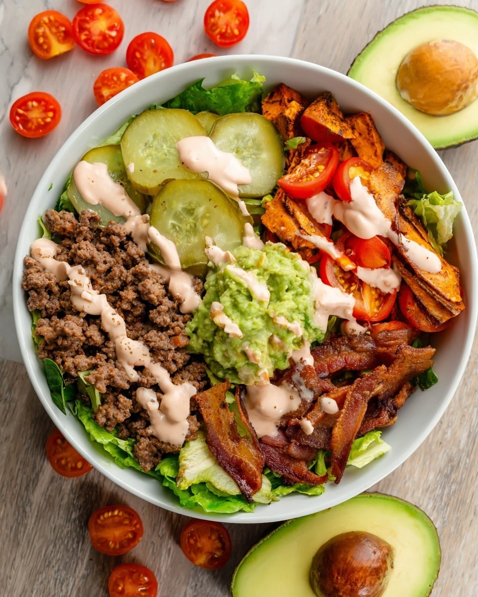 A white bowl filled with a layered salad on a white marbled surface, featuring a base of fresh green lettuce leaves, topped with halved red cherry tomatoes on the left edge, a generous scoop of bright green guacamole at the top right, seasoned crumbled ground beef placed in the center, thinly sliced light brown grilled onions below the beef, and several pieces of crispy golden brown bacon strips on the bottom right. There are sliced pale green pickles next to the bacon on the right side, all drizzled with a light pink creamy sauce sprinkled with small green herb flakes. Around the bowl, there are halved cherry tomatoes and two halves of a light green avocado, all presented on the white marbled texture. photo taken with an iphone --ar 4:5 --v 7