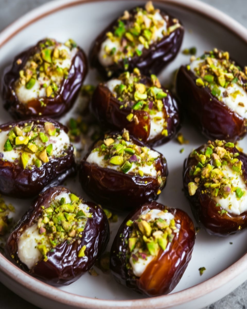 The image shows a white plate with nine shiny dark brown dates arranged in rows. Each date is cut open and filled with a crumbly white cheese that has small green pistachio pieces mixed in. The cheese filling is slightly mounded, and larger chopped pistachio nuts are sprinkled on top, adding texture and color contrast. The plate sits on a white marbled surface, creating a clean and bright background. photo taken with an iphone --ar 4:5 --v 7