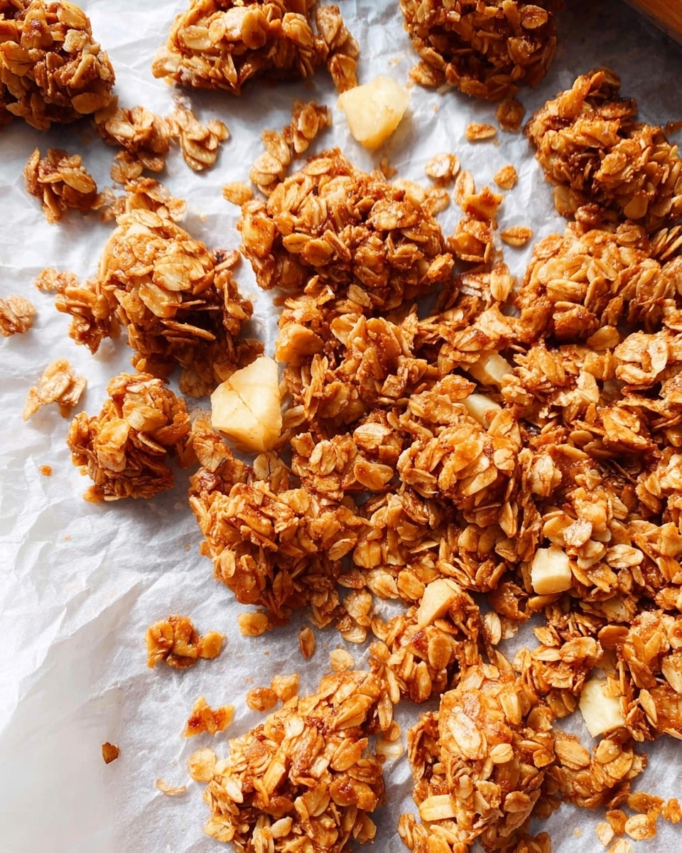 A close-up view of crunchy golden-brown granola scattered unevenly over a crinkled white parchment paper on a white marbled surface. The granola clusters are made of oats and small pieces of nuts with light cream-colored chunks mixed in. The texture of the granola is rough and crunchy with some clusters appearing flatter and others thicker. The mix covers most of the area, with some smaller pieces and oat flakes spread loosely around the edges. Photo taken with an iphone --ar 4:5 --v 7