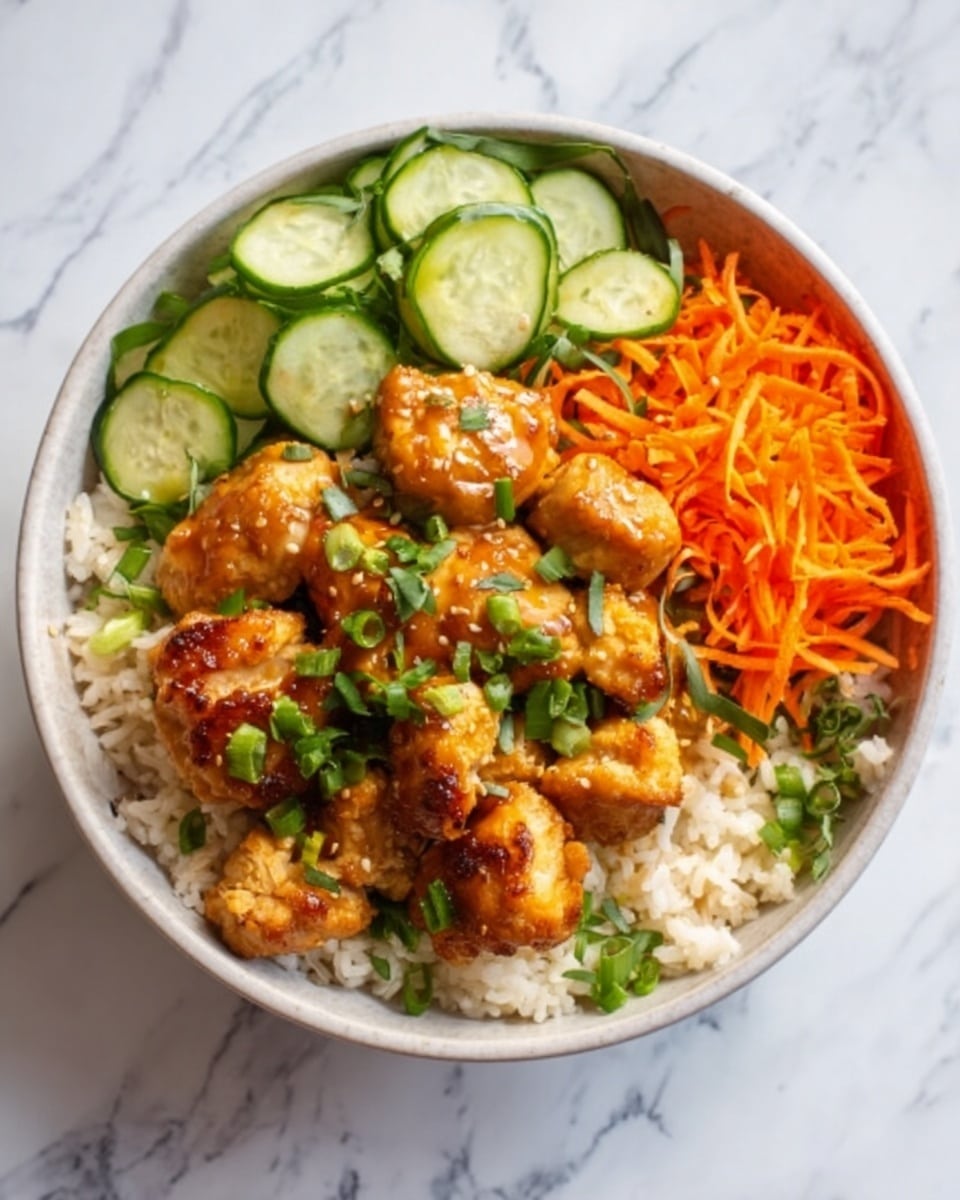 A white bowl filled with a colorful layered dish, starting with a base of light brown rice covering the bottom. On top, there are pieces of golden-brown fried chicken coated with a shiny sauce, placed slightly off-center. To the right of the chicken, there are thin slices of green cucumber with smooth texture, arranged in a neat row. Above the cucumber, bright orange shredded carrots add a fresh and crisp look. On the left side, fresh green cilantro leaves add a pop of color. The bowl sits on a white marbled surface. Photo taken with an iphone --ar 4:5 --v 7