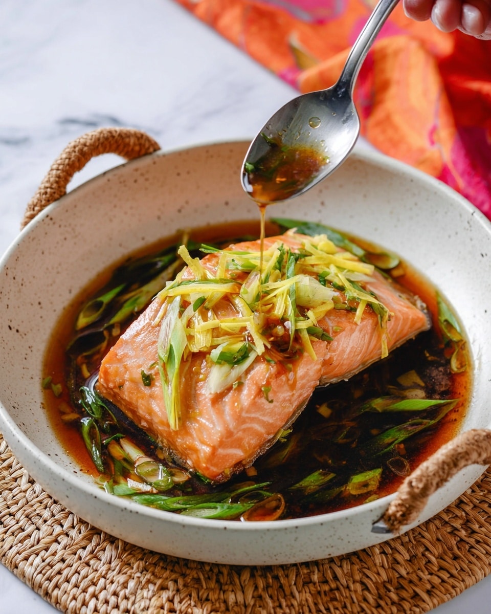 A piece of light pink cooked salmon sits in the center of a white deep plate with small black specks, surrounded by a dark brown sauce. The salmon is topped with thin yellow strips, likely ginger, and chopped green onions scattered across the top and sides. A metal spoon is held above the salmon, dripping some brown sauce onto it. The plate is set on a woven rattan mat, with a pink and orange cloth in the blurred background. photo taken with an iphone --ar 4:5 --v 7