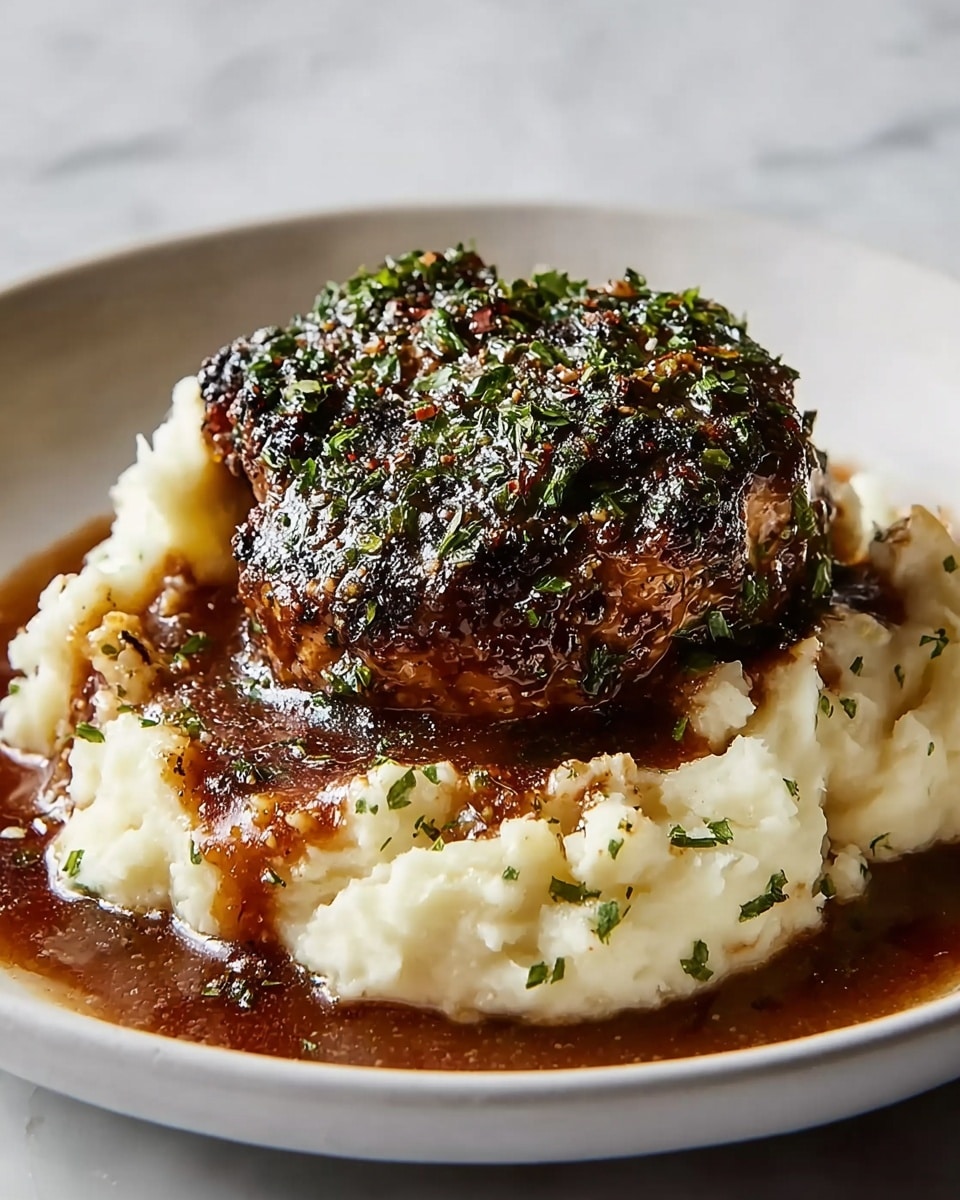 A white plate holds a cozy dish with two layers: the bottom layer is soft mashed potatoes, creamy white with small lumps and sprinkled lightly with green herbs; on top sits a thick, dark brown crispy chicken breast crusted with herbs and spices, shiny with rich brown gravy that drizzles down over the mashed potatoes, pooling slightly around the base; the texture contrasts between the smooth mash and the crunchy chicken skin, all set on a white marbled surface. photo taken with an iphone --ar 4:5 --v 7